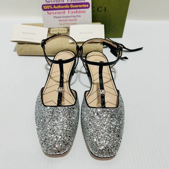NIB Gucci Ballet Flat EU 38 US 8 Double G T-Strap Silver Glitter Shoes $920 - Picture 5 of 12